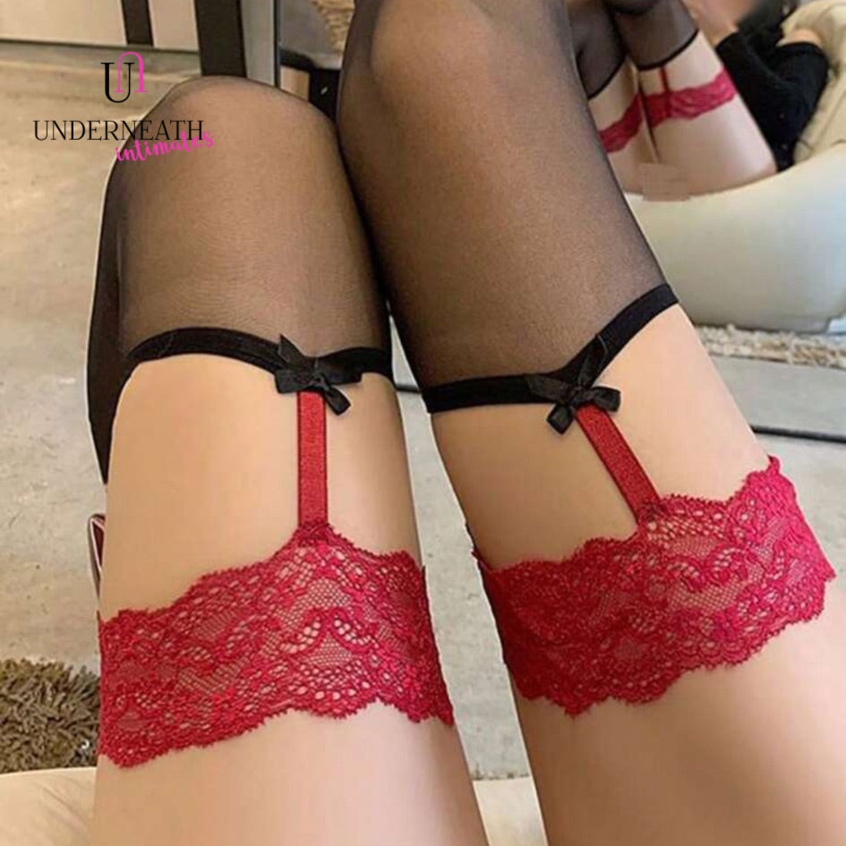 Thigh High Lace Stockings - Red (S/M)